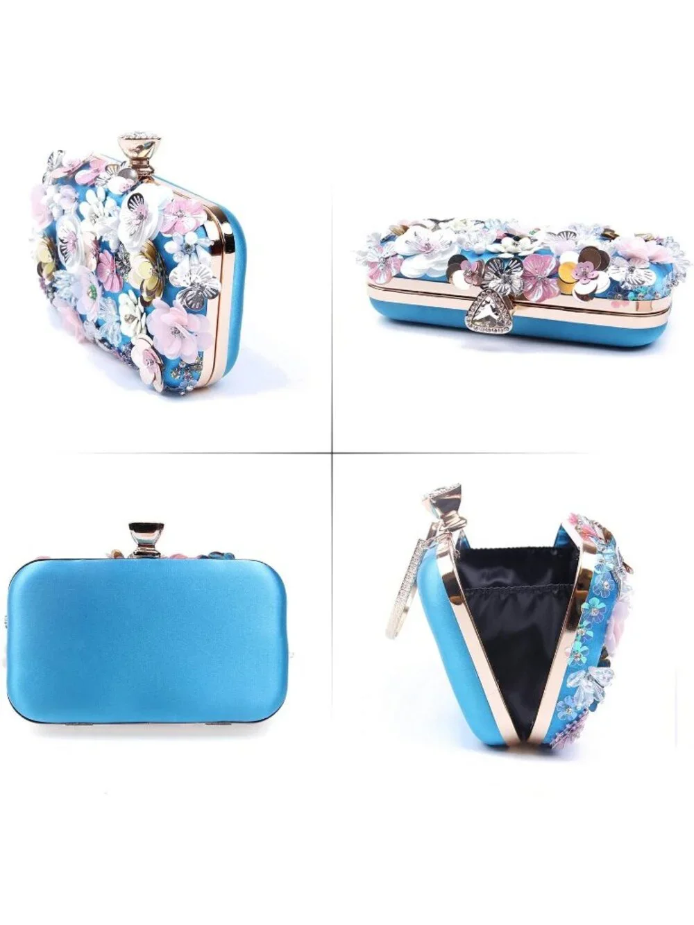 Women's Blue Clutches Flower Evening Handbag Chain Strap Elegant Shoulder Bag